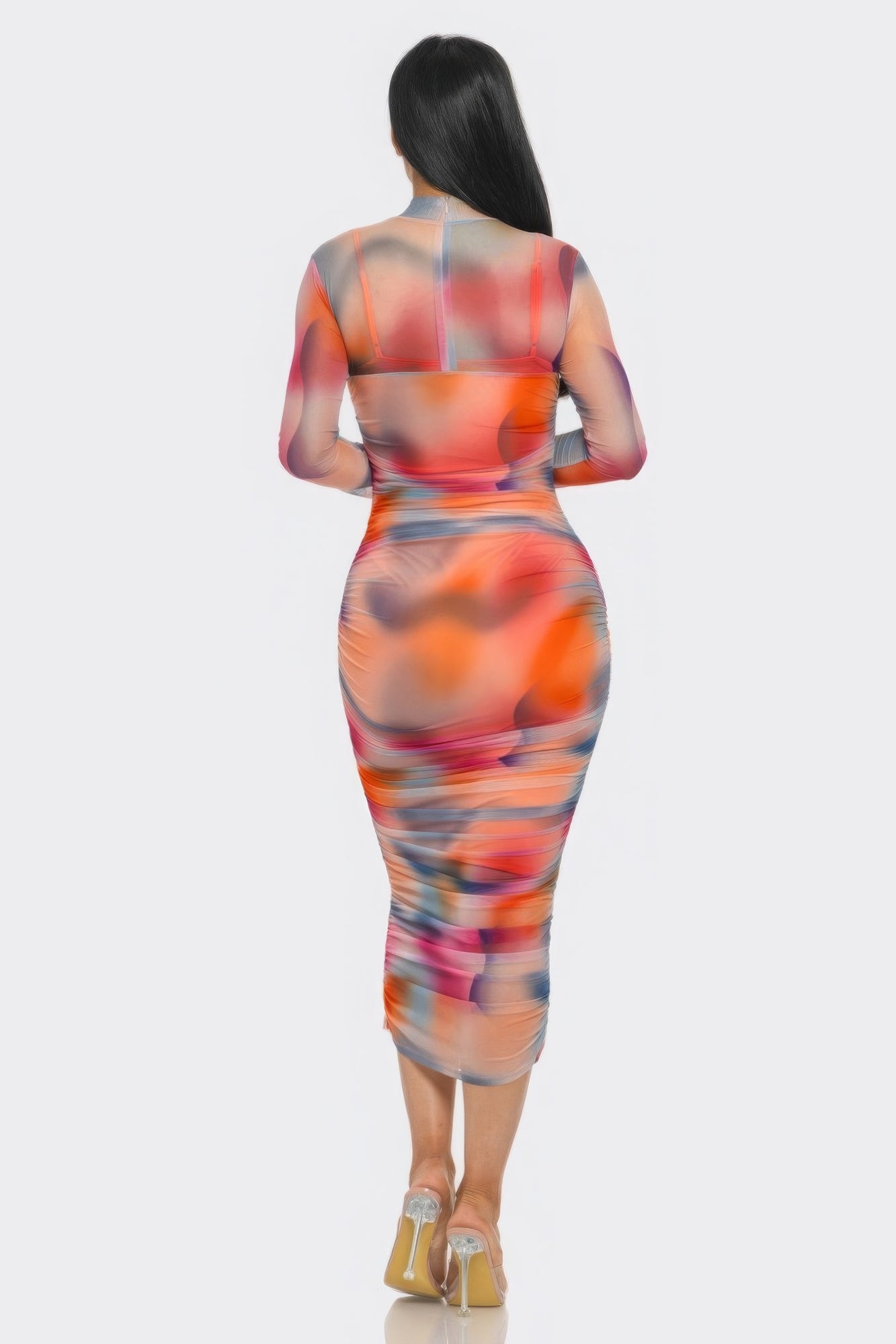 Summer Heat Print Mesh Ruched Midi Dress