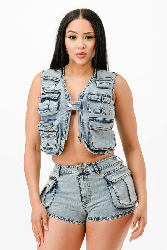 Washed Denim Two Piece Set