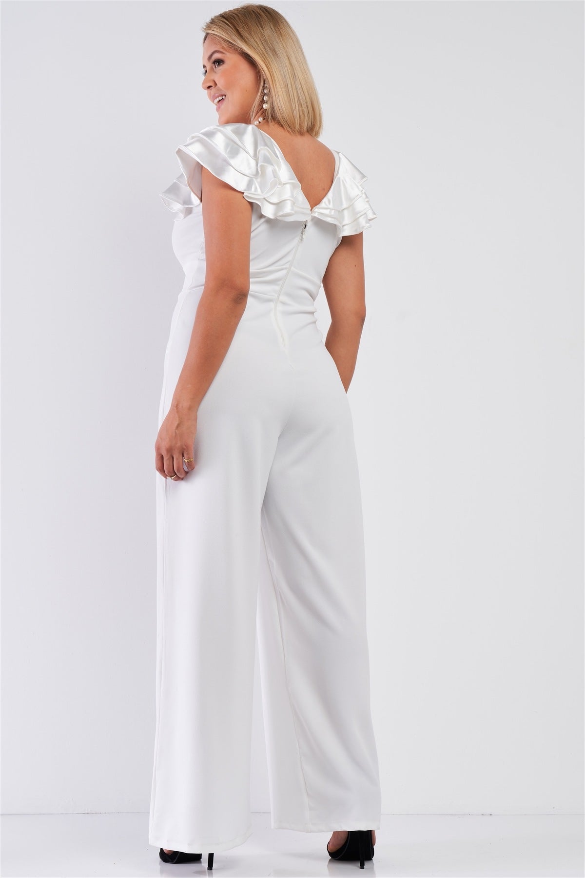 Plus Sleeveless Satin Ruffle Shoulder Detail V-neck Wide Leg Jumpsuit