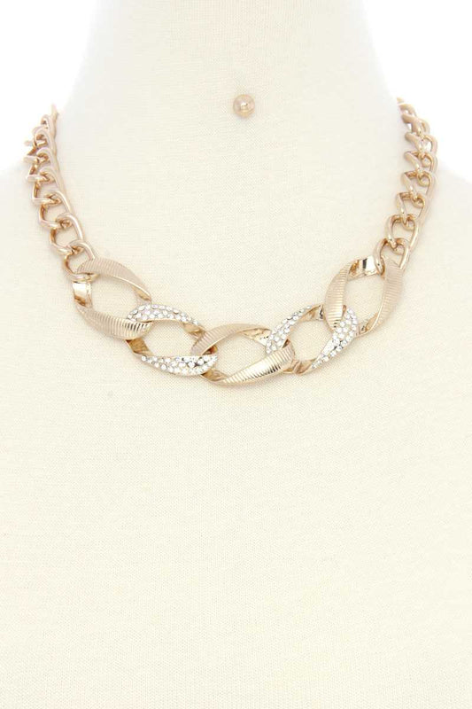 Oval Link Rhinestone Metal Necklace