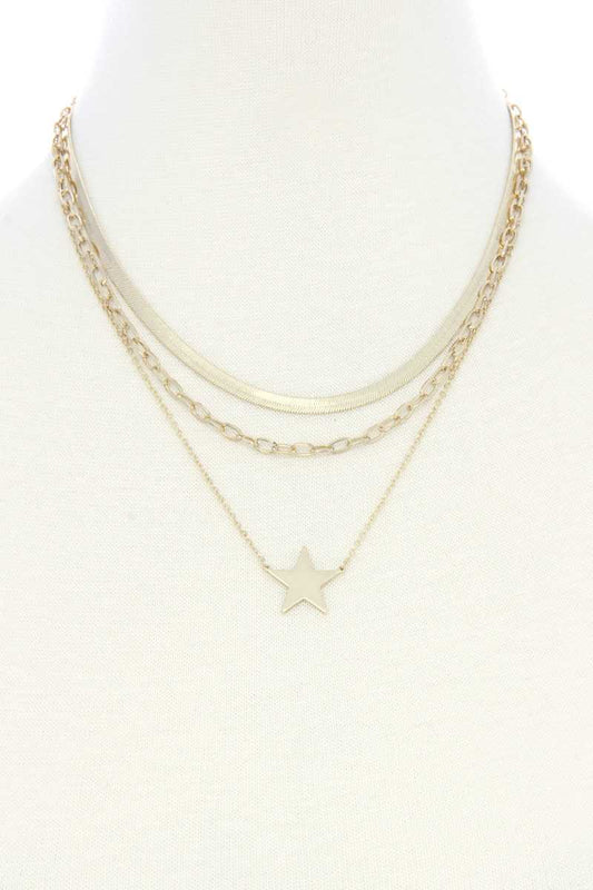 Triple Layer Star Pendant Metal Necklace