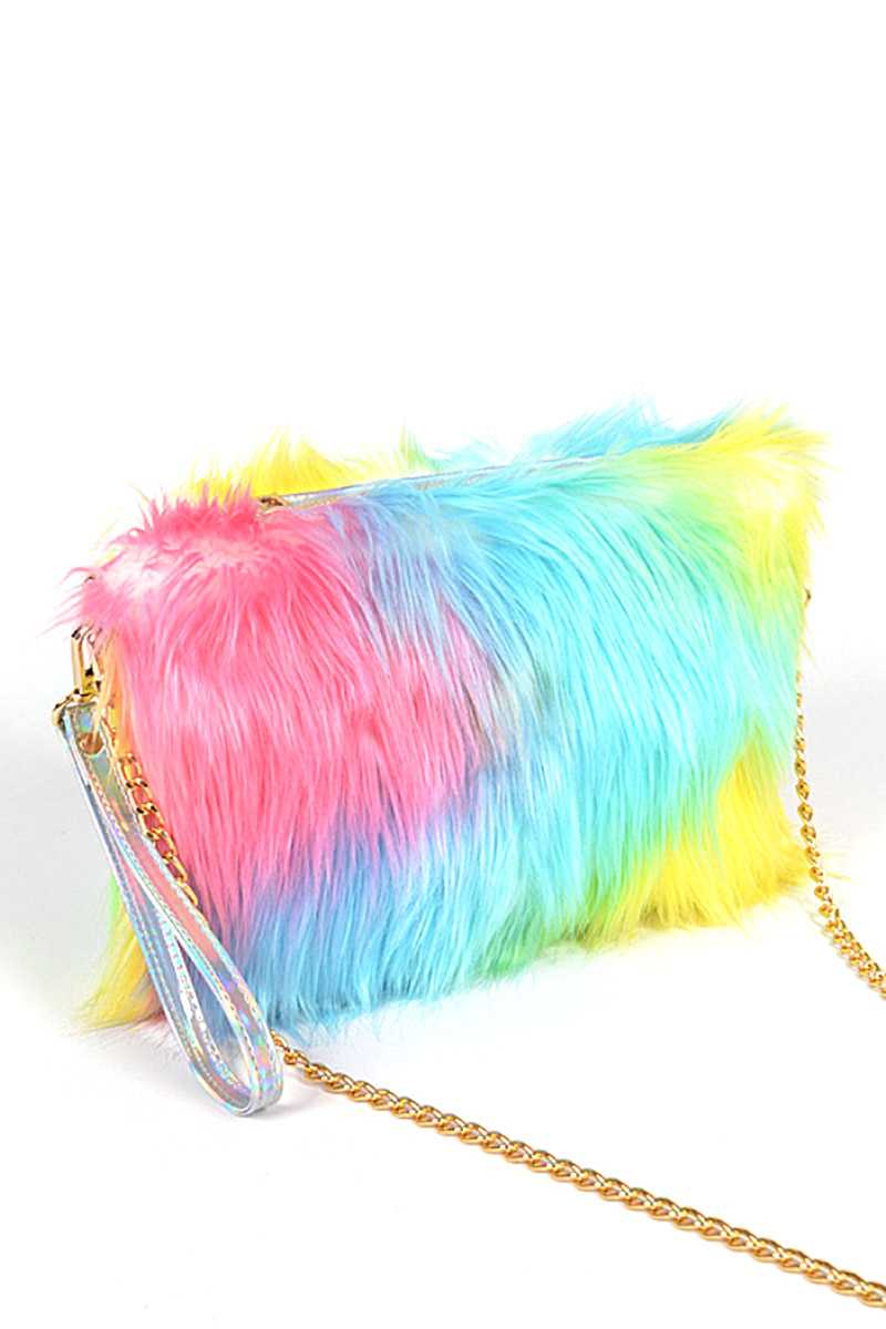 Multi Color Fur With Wrist Band Pouch Bag