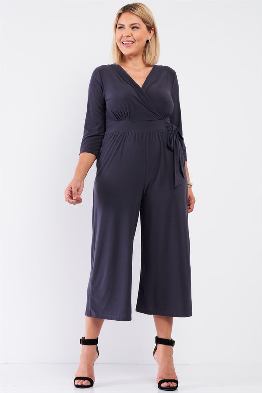 Plus Dark Grey Plunging V-neck Midi Sleeve Self-tie Waist Detail Wide Leg Midi Jumpsuit