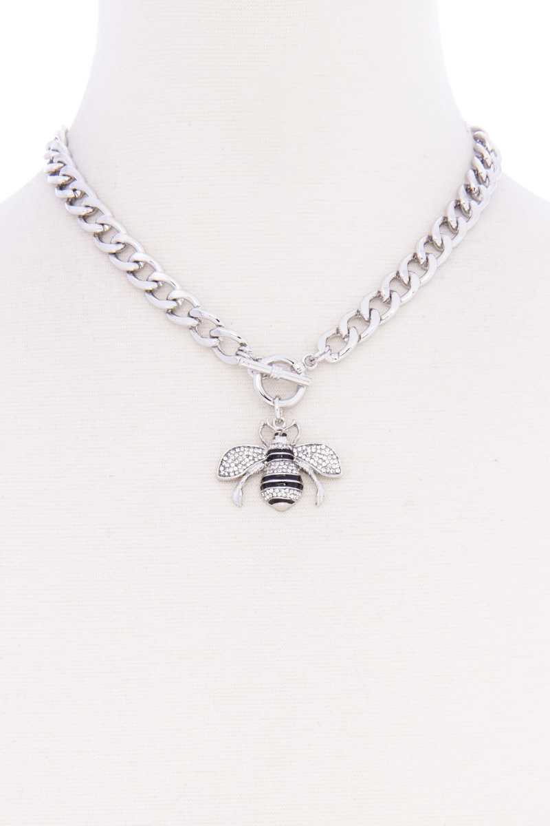 Rhinestone Bee Pendant Toggle Clasp Necklace