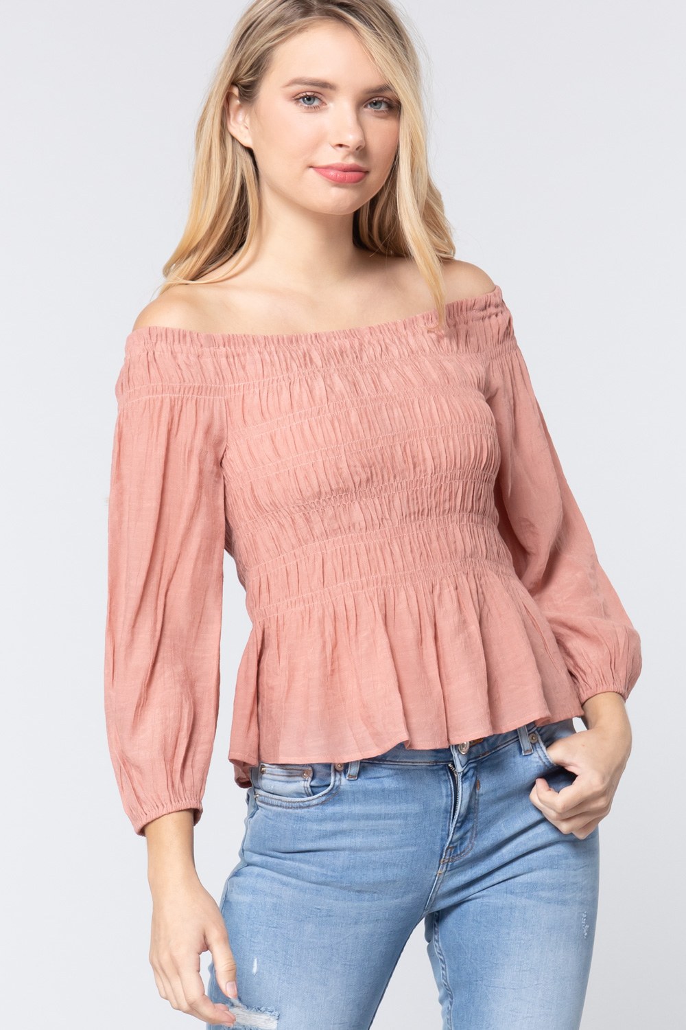 Off Shoulder Smocked Woven Top