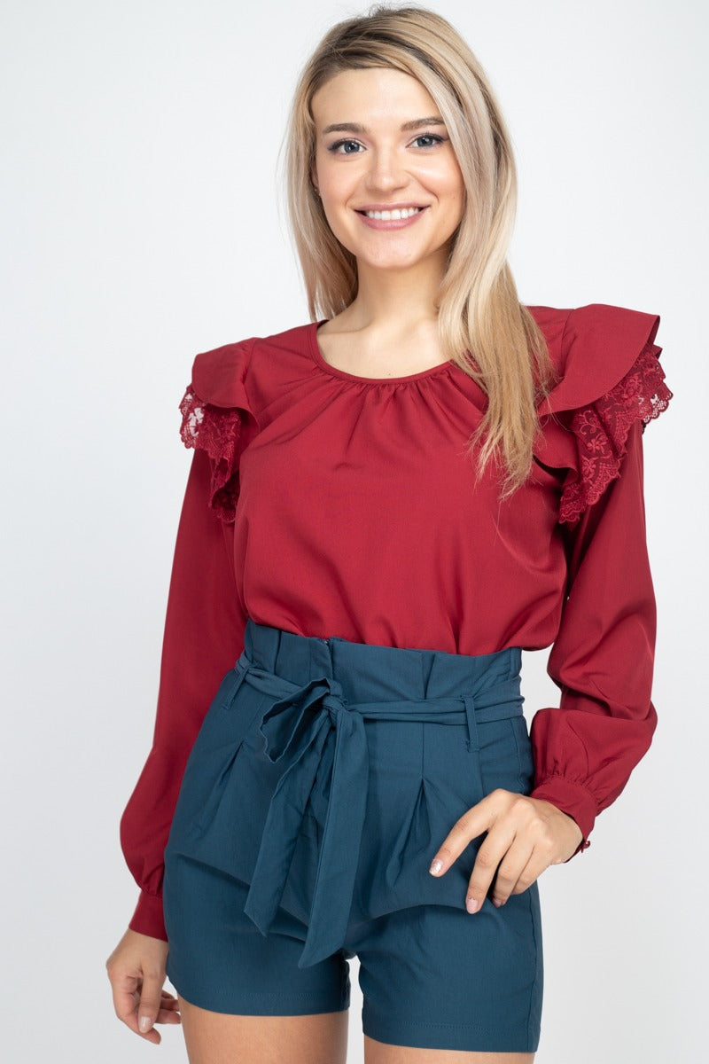 Balloon Sleeve Lace Ruffle Top