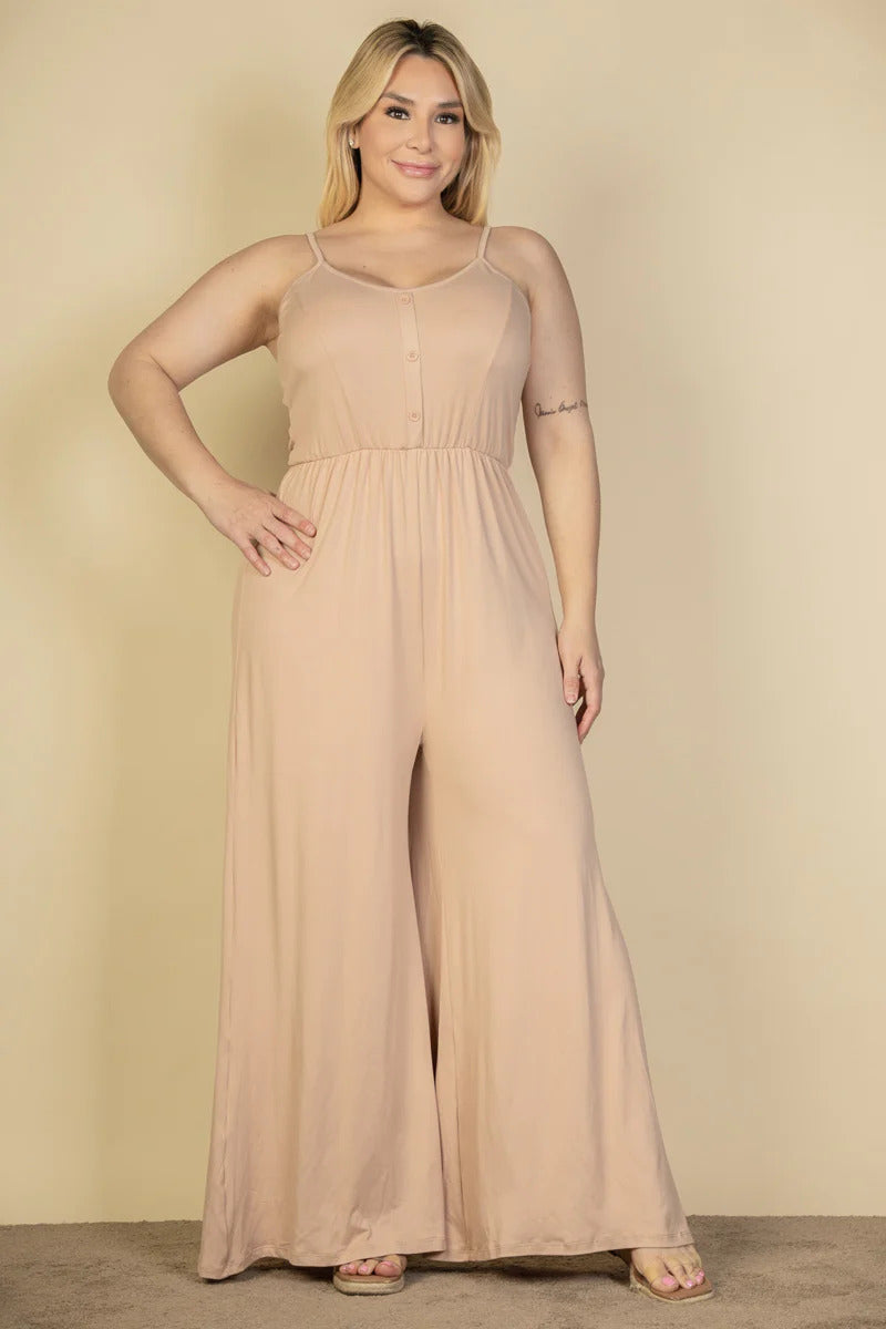 Plus Size Button Front Wide Leg Jumpsuit