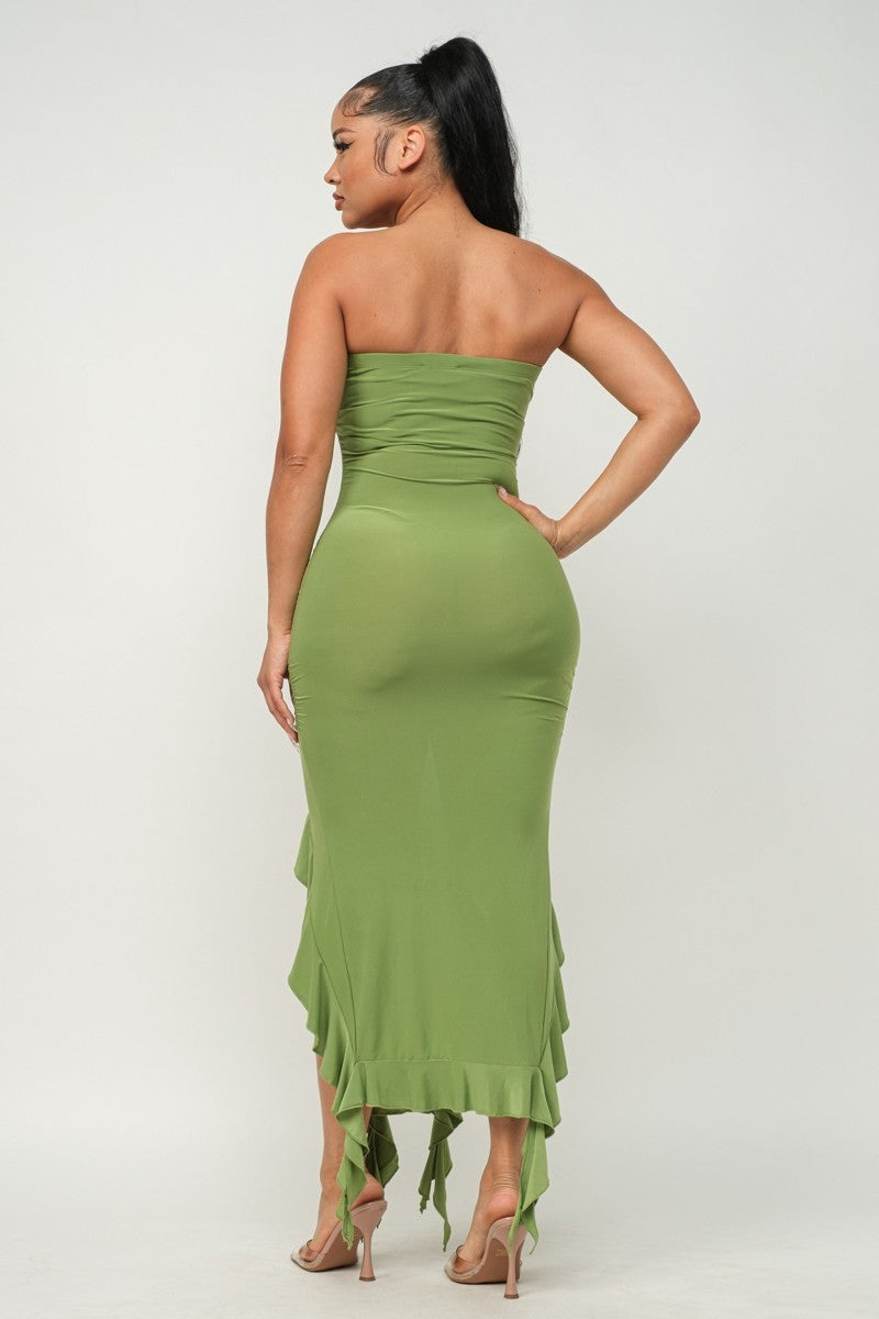 Solid Bottom Ruffle Trim Hem Slit Tube Maxi Dress