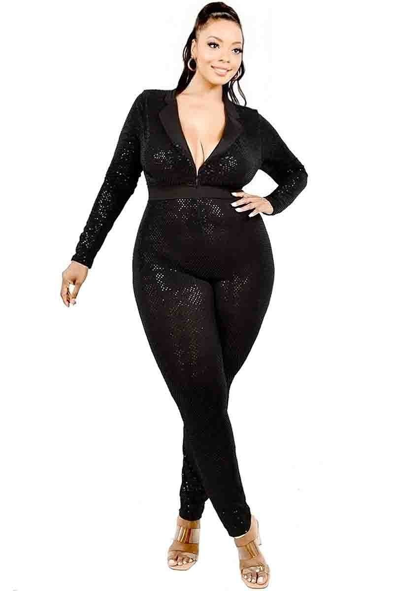 Plus Long Sleeve Sequin Deep V Neck Jumpsuit